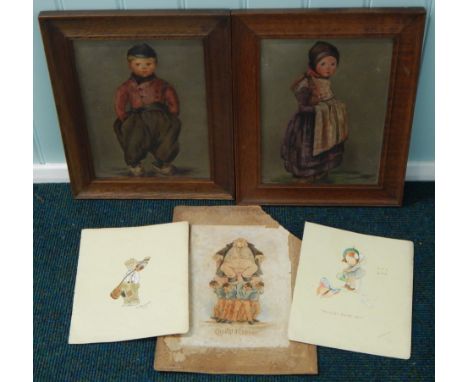 G Cabott.  Portrait of a young boy and a young girl wearing clogs, oil on board, 30cm x 21cm, a cartoon sketch titled Please 