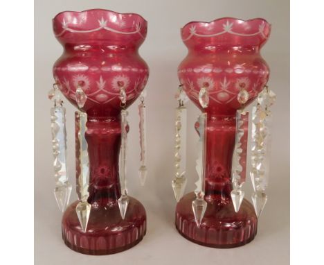 A pair of Bohemian style ruby flash table lustres, 37cm high.