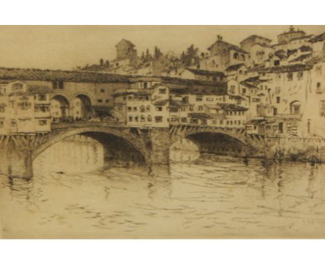 Robert Charles Goff (1837-1922).  Old house on the bridge, Florence, artist signed etching, 22cm x 29cm, title verso