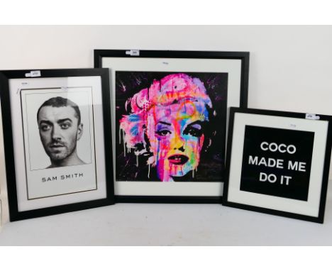 Three framed pictures comprising a pop art style print on canvas depicting Marilyn Monroe, limited edition Sam Smith print an