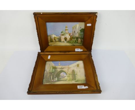 A pair of vintage prints depicting middle eastern scenes, framed under glass, approximately 16 cm x 24 cm image size. [2]. [W