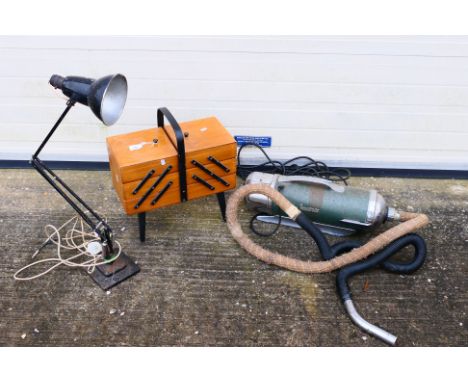 A vintage Vactric vacuum cleaner, an Anglepoise style lamp and a sewing box. [2]. [W]
