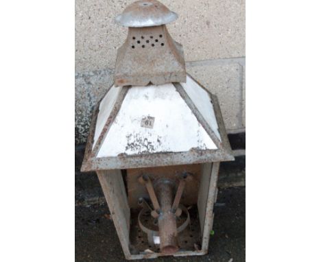 A Victorian style metal framed lantern, with partial glazed panels and circular hanger top, 72cm H. (AF)From the estate of R 