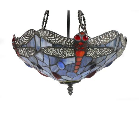 *An as new two branch light fitting, with Tiffany style shade with dragonfly design predominately in red, black and yellow, 2