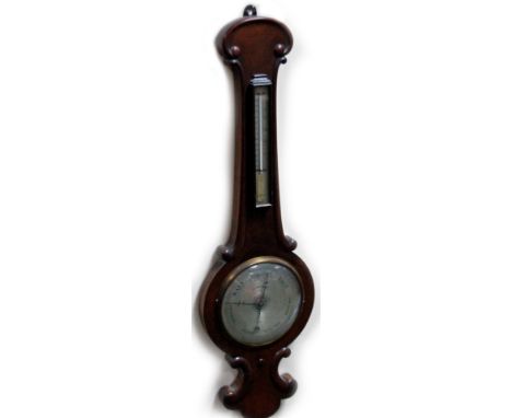 A 19thC mahogany banjo barometer, and thermometer, the 20cm Dia., marked Fillinger and Co, in a shaped case with scroll top s