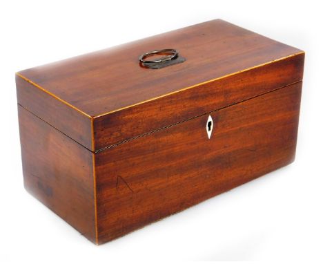 A mid 19thC mahogany tea caddy, of rectangular form, the hinged lid with loop handle, revealing a mixing bowl flanked by lidd