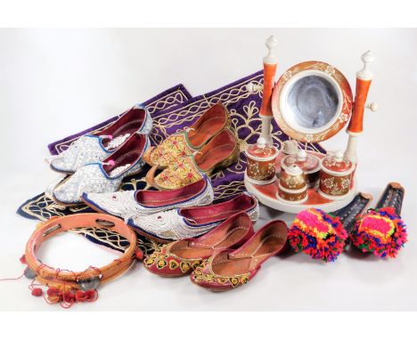 Various Eastern items, Indian style foot wear, shoes, elaborate type, 27cm W, dressing table stand, purple throw with raised 