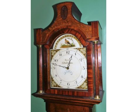 An early 19thC longcase clock, with pillared hood, painted square arch dial with bird to arch and marked Fryer Pocklington, w