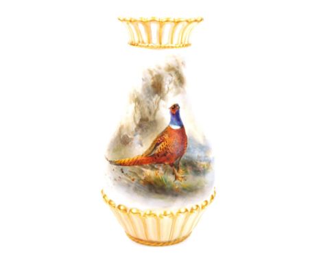 An early 20thC Royal Worcester hand painted porcelain vase, decorated by James Stinton, c.1906, with pierced rim, inverted bu