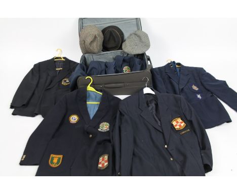 A case containing various bowls related jackets, county bowls team blazer, various other jackets similar related, hats etc. (
