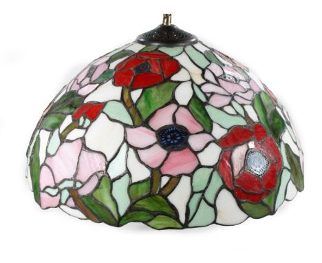 *An as new light fitting, with Tiffany style shade decorated with flowers predominately in red, pink and green, 38cm Dia.
