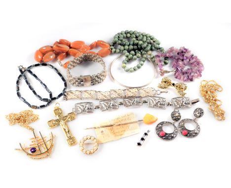 A quantity of costume jewellery, to include three hardstone necklaces, a filigree silver floral bracelet, amber set stick pin