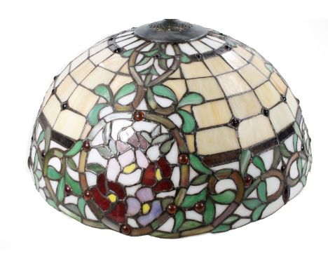 *An as new light fitting, with Tiffany style shade decorated with panels and flowers predominately in green, pink and fawn, 4