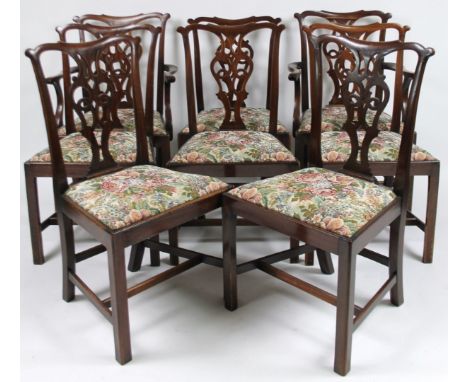 A set of eight (6+2) 19thC Chippendale design mahogany dining chairs, each with wide ear top rails, pierced ribbon back splat
