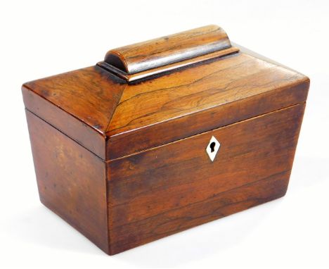 A mid 19thC rosewood tea caddy, of sarcophagus form, the hinged lid revealing a fitted interior, 17cm H, 21cm W, 13cm D.
