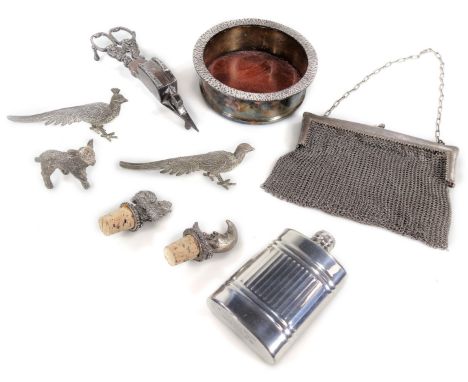 An early 20thC chain mill evening bag, 16cm W, bottle coaster, boxed hip flask, miniature ornaments to include lamb, pheasant