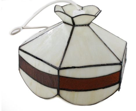 *An as new light fitting, with Art Nouveau design shade with coloured banding on a cream ground, 24cm H.