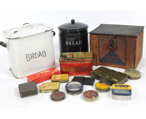 Various advertising rural bygones, etc.,  a quantity of tins, Libby's Stewed Steak, pine box with printed label, 25cm H, 33cm