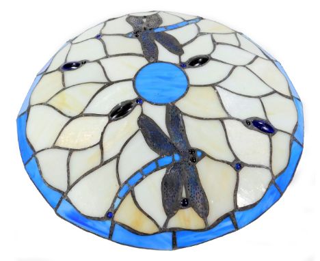 *An as new light fitting, with Tiffany design shade decorated with dragonflies predominately in blue and cream, 37cm Dia.