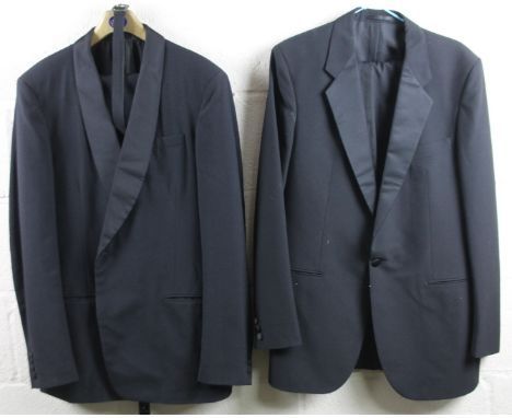 A two piece tuxedo or evening jacket, comprising of a jacket and stripped trousers, size unknown and a further jacket and tro