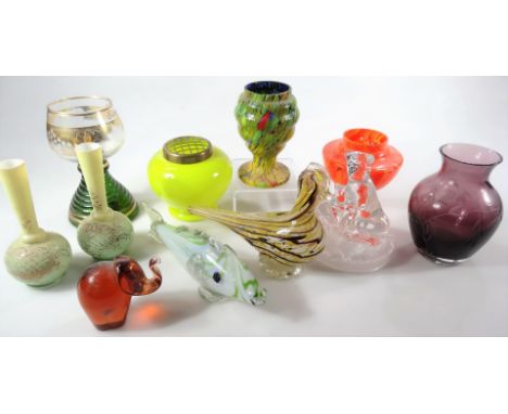 An early 20thC Nailsea style glass bird, in swirl decoration, 16cm H, stem vase, various other glassware, vases, ornaments, f