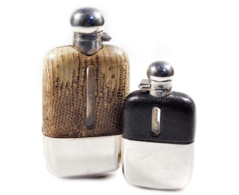 An early 20thC hip flask, with plated hinged lid and base, 14cm H, and another similar.  (2)