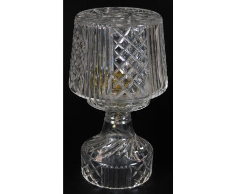 A 20thC glass table lamp, with removable shade, hobnail cut, on an inverted circular cut stem, with metal mounts, unmarked, 3