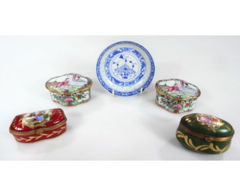 A Sevres style enamel pill box, after Watteau with a gilt highlighted decoration, with figures of horse and a couple to the c