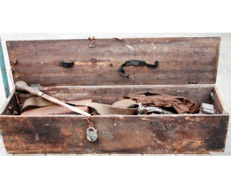 A late 19thC tool box, 25cm H, 106cm W, 27cm D, containing a quantity of various hand tools, chisels, oil can, metal box, etc