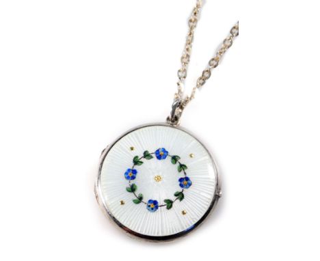 A silver and enamel locket, the locket face decorated with pale blue enamel and design of pansies and leaves to the centre, o
