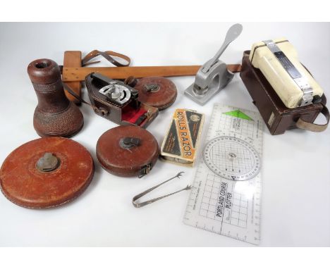 Bygones collectables, vintage leather tape measure, 15cm Dia., two other similar, Rolls razer, measuring devices etc. (a quan