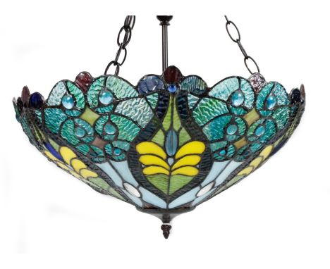 *An as new two sectional light fitting, with Tiffany style shade decorated with flowers in yellow and green, with metal hange
