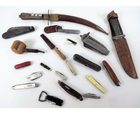 Various knives, bygones, collectables, pen knives, curved knife, miniature fruit knife, two mother of pearl pen knives (when 