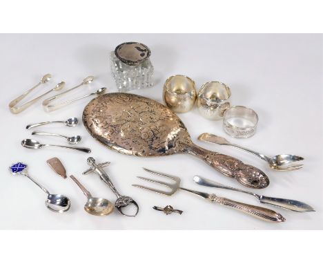 Various silver plate, etc., a toasting fork, 91cm W, silver hand mirror, three napkin rings, inkwell, flatware, sugar bows, n