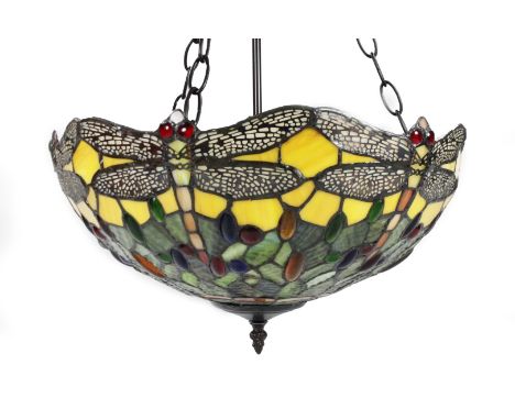 *An as new two sectional light fitting, with chain hangers and Tiffany style shade predominately in yellow, green and blue, 5