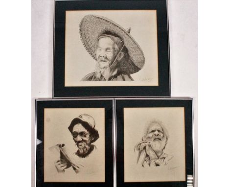 After Lietottover.  Portrait of a Chinese gentleman wearing a hat, quarter profile, print, 33cm x 39cm, and two others.  (3)
