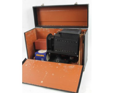 A vintage Ensign Optiscope No. 6 magic lantern, in black with concertina front, when closed, 30cm W, and a quantity of variou