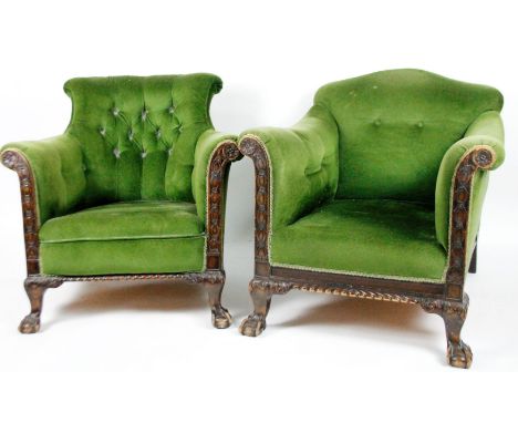 An early 20thC Chippendale design deep seated gentleman's armchair, with ball and claw feet and matching ladies chair. (2)