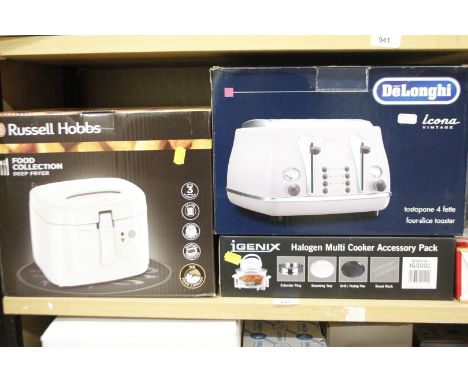 *Various as new electrical items, a Russell Hobbs deep fryer, Delonghi Icona vintage toaster, Multi Cooker accessory pack, et