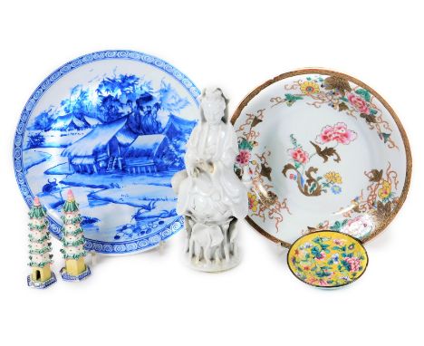 Chinese ceramics, including a blanc de chine figure rising from lotus leaves, 23cm H, (AF), two plates, two pagodas and an en