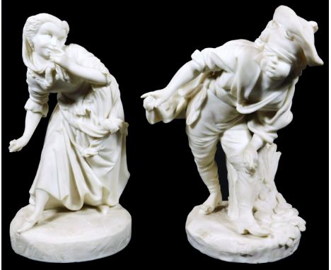 A large pair of 19thC Parian figures, c.1860, of children playing hide and seek, the male figure blindfolded, both figures on
