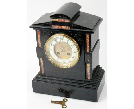 A Victorian slate and marble mantel clock, with 13cm Dia. dial, revealing an eight day keywind pendulum swung movement, in an