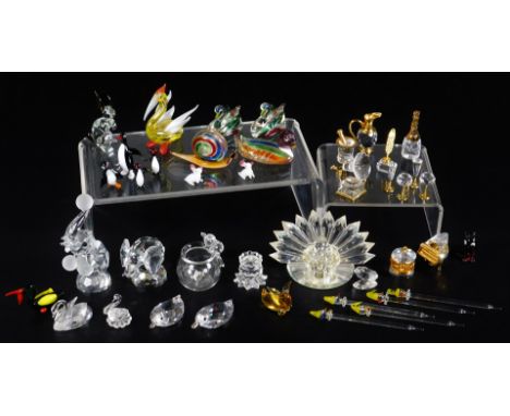 Various Swarvoski and other crystal, to include elephant with orb to the trunk, 10cm H, gramophone, various other glass ornam