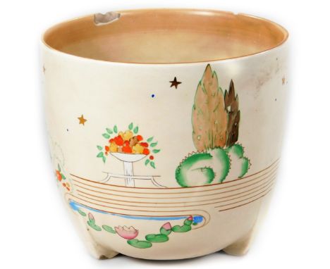 A Clarice Cliff jardiniere, of shaped circular outline decorated with vases and trees, predominantly in green, blue, orange a