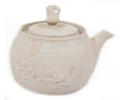 A Chinese biscuit pottery water vessel, with removable lid, circular body, part pierced handle and plain spout raised with pa