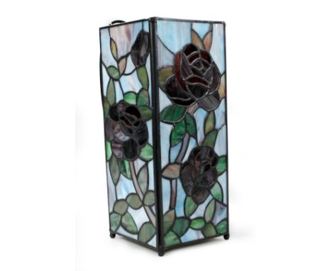 *An as new light fitting, with Tiffany style shade decorated with roses predominately in red, green and blue, 28cm H. 