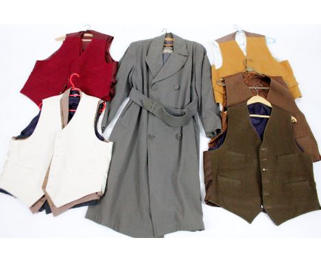 Various waistcoats, suede type etc., and three quarter length Baracuta Meakers trench coat in green, sizes unknown. (a quanti