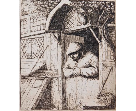 Attributed to Adrian Van Ostade.  Peasant leaning in his doorway, etching, 11cm x 10cm.