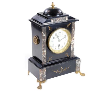 A late 19thC French slate and marble mantel clock, the 10cm dia. Arabic dial fronting a keywind movement, in a decorative cas