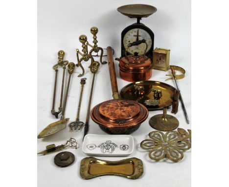 Various metalware, early 20thC and later, copper and brass ware, fireside companion set, kettle, 22cm H, mantel clock, other 